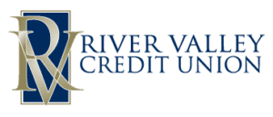 Gold intertwined ‘R’ and ‘V’ overlaying a dark-blue rectangle, followed by the text ‘River Valley Credit Union’ in navy serif font.