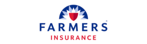 Farmers Insurance logo depicting a red shield over a blue sunrise with 'Farmers Insurance' text below.
