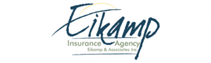 Eikamp Insurance Agency logo featuring the company name in blue serif font with a shield icon.