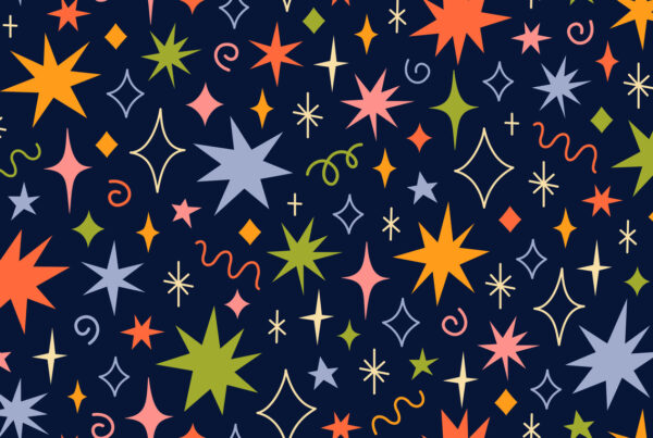 Navy-blue background filled with colorful multi-pointed stars, sparkles, and diamond outlines in orange, green, lavender, cream, and coral.