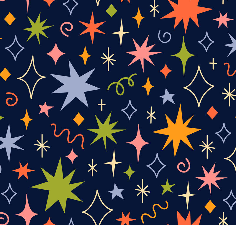 Navy-blue background filled with colorful multi-pointed stars, sparkles, and diamond outlines in orange, green, lavender, cream, and coral.