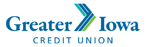 Chevron-shaped icon in teal and green pointing right between the words ‘Greater’ and ‘Iowa’, with ‘CREDIT UNION’ in blue text below.