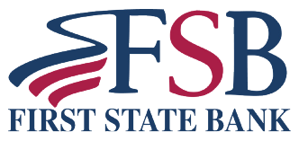 Navy and burgundy ‘FSB’ initials with three flag-like stripes to the left, above the text ‘First State Bank’ in navy serif font.