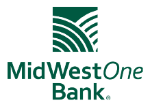 Dark-green square icon with three curved lines above the bold text ‘MidWestOne’ and ‘Bank’ below on a transparent background.