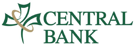 Dark-green stylized four-leaf symbol with a gold ring swooping through it, beside the words ‘CENTRAL BANK’ in green serif text.