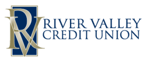 Gold intertwined ‘R’ and ‘V’ overlaying a dark-blue rectangle, followed by the text ‘River Valley Credit Union’ in navy serif font.