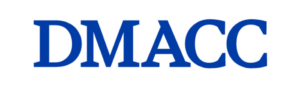 Blue uppercase serif letters spelling ‘DMACC’ on a transparent background.