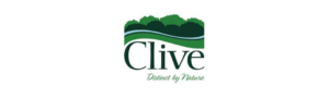 City of Clive logo depicting a green landscape with a blue river and the tagline 'Distinct by Nature.