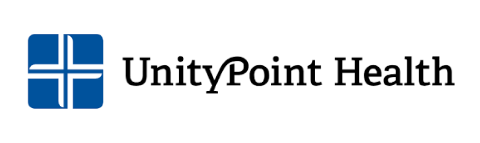 UnityPoint Health logo: white cross formed by four 'U' shapes on a blue square background.