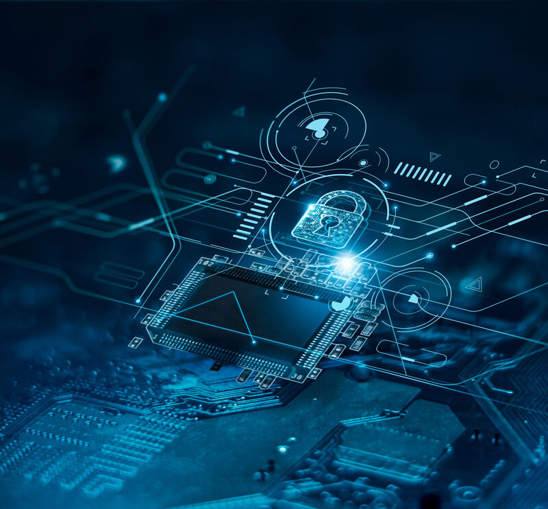 Teal circuit board close-up with a glowing digital padlock and network overlay graphics indicating cybersecurity.