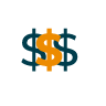 Two overlapping dollar signs, one orange and one navy, on a transparent background.