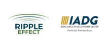 Ripple Effect logo with green-to-gray curved lines above ‘RIPPLE EFFECT’ text, beside the IADG logo showing gold bars and ‘IADG’ with ‘Iowa APEX Development Group’ below.