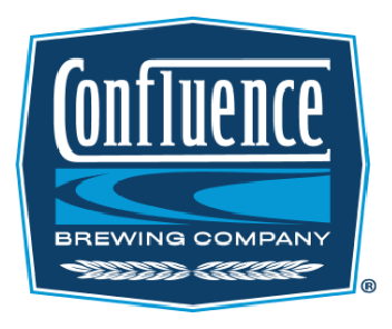 Dark-blue badge with ‘Confluence’ in white serif at top, a light-blue river graphic, ‘BREWING COMPANY’ in white below, and two wheat stalks along the bottom.