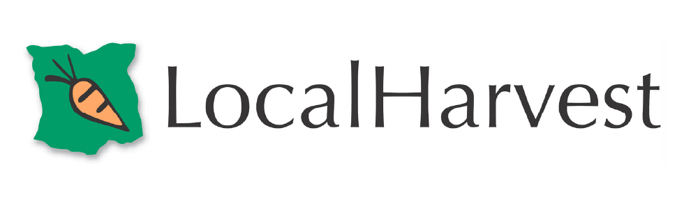 Green Iowa-shaped icon containing an orange carrot, next to the text ‘LocalHarvest’ in black serif font.