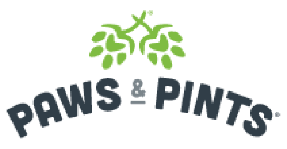 Green hop-cone cluster above curved dark-gray text ‘PAWS & PINTS’.