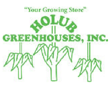 Your Growing Store’ in green text above ‘HOLUB’ and ‘GREENHOUSES, INC.’, with three stylized green plant icons beneath on a transparent background.