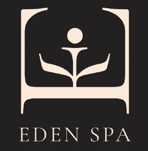 Cream-colored stylized plant with two leaves and a circular bud inside a rounded rectangle, above the text ‘EDEN SPA’ on a dark background.