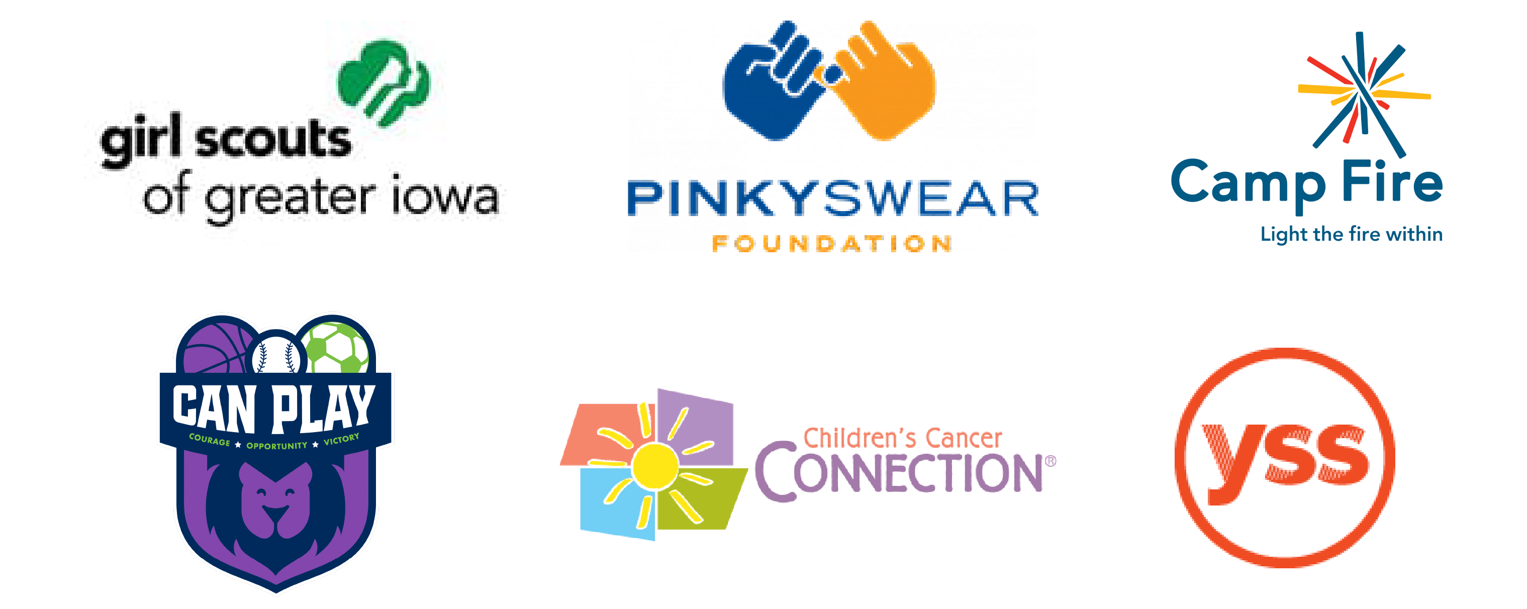 Six nonprofit logos arranged in two rows—Girl Scouts of Greater Iowa, PinkySwear Foundation, Camp Fire above; Can Play, Children’s Cancer Connection, and YSS below—on a white background.