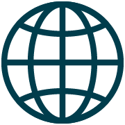 Dark-teal line-art globe with horizontal and vertical grid lines on a transparent background.