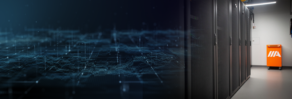 Header banner image for a data center services product page, featuring server racks, cloud computing icons, and secure network connections, symbolizing reliability and high-performance infrastructure.