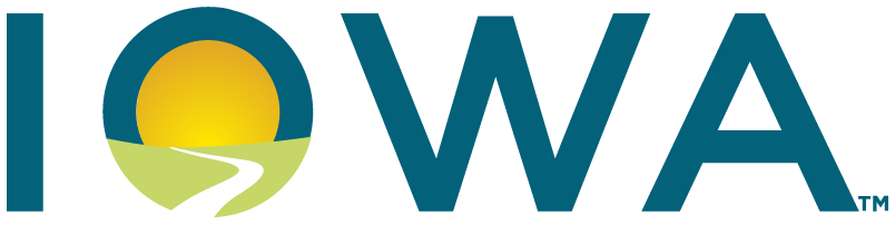Iowa's 2023 state logo featuring 'IOWA' with a landscape and road design within the 'O' and the tagline 'Freedom to Flourish' beneath.