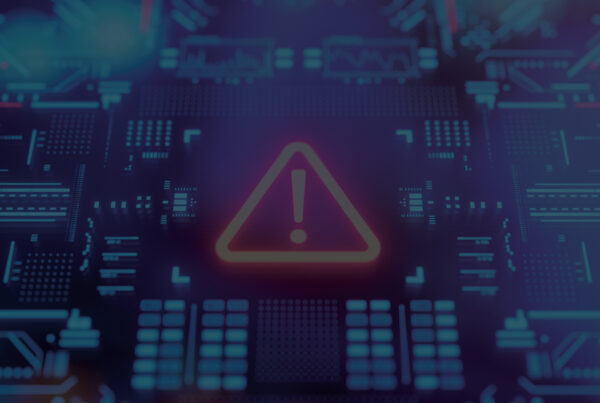 ‘How Data Breaches Affect Certain Industries’ in bold white text over a dark circuit-board background with a glowing warning triangle icon behind the words.