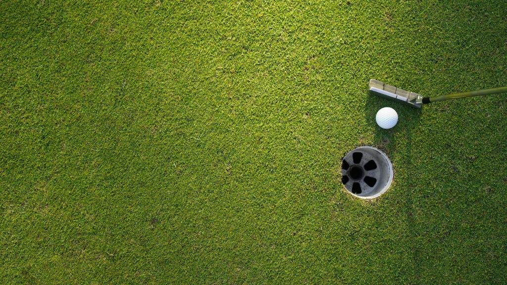 putter and golf ball on green