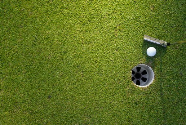 putter and golf ball on green