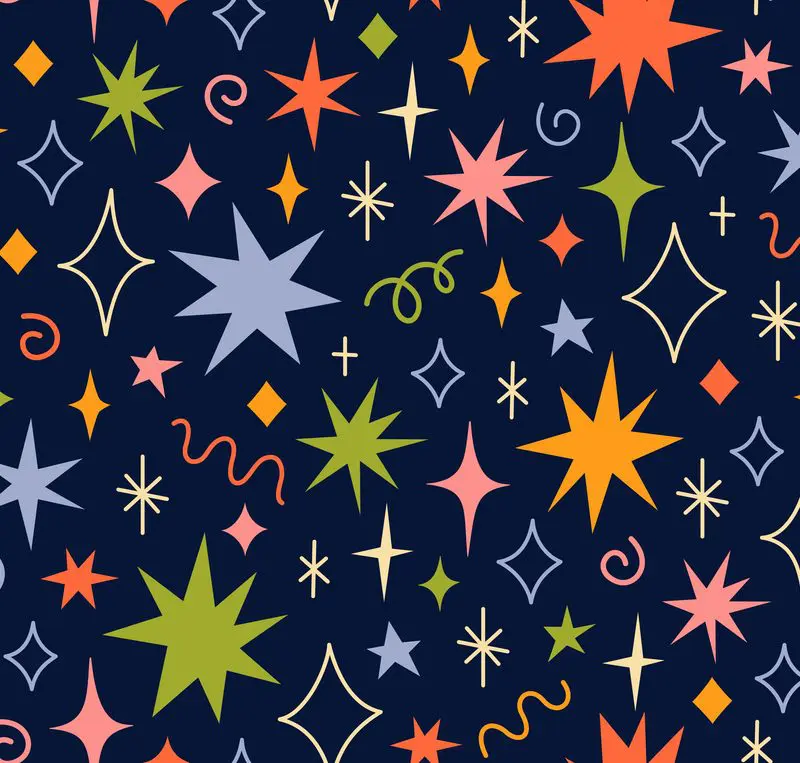 Navy-blue background filled with colorful multi-pointed stars, sparkles, and diamond outlines in orange, green, lavender, cream, and coral.