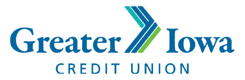 Chevron-shaped icon in teal and green pointing right between the words ‘Greater’ and ‘Iowa’, with ‘CREDIT UNION’ in blue text below.