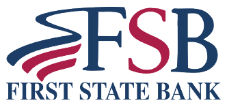 Navy and burgundy ‘FSB’ initials with three flag-like stripes to the left, above the text ‘First State Bank’ in navy serif font.
