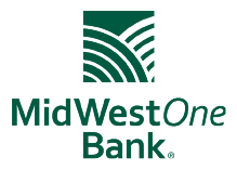 Dark-green square icon with three curved lines above the bold text ‘MidWestOne’ and ‘Bank’ below on a transparent background.