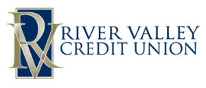 Gold intertwined ‘R’ and ‘V’ overlaying a dark-blue rectangle, followed by the text ‘River Valley Credit Union’ in navy serif font.