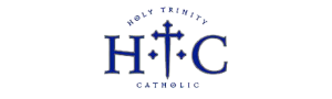 Holy Trinity Catholic Church and School logo with a stylized triquetra interwoven with a circle and the institution's name in a classic serif font.