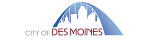 City of Des Moines logo with a blue arch and downtown skyline silhouette.