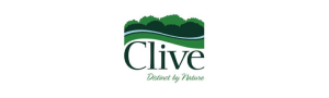 City of Clive logo depicting a green landscape with a blue river and the tagline 'Distinct by Nature.