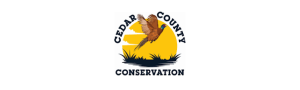 Cedar County Conservation logo depicting a flying pheasant over a yellow sun, encircled by the organization's name.