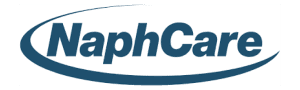 NaphCare logo featuring the company name in bold blue letters with a stylized swoosh encircling the text.