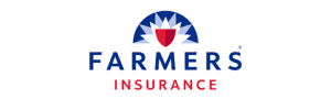 Farmers Insurance logo depicting a red shield over a blue sunrise with 'Farmers Insurance' text below.