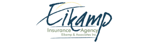 Eikamp Insurance Agency logo featuring the company name in blue serif font with a shield icon.