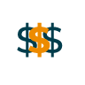 Two overlapping dollar signs, one orange and one navy, on a transparent background.