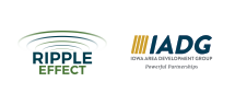 Ripple Effect logo with green-to-gray curved lines above ‘RIPPLE EFFECT’ text, beside the IADG logo showing gold bars and ‘IADG’ with ‘Iowa APEX Development Group’ below.