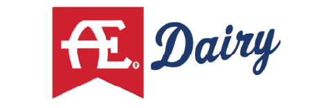 Red banner with a white Æ symbol next to the word ‘Dairy’ in blue script.