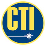 A gold-outlined blue circle containing bold gold letters ‘CTI’ with a white eight-pointed star and thin white line at the bottom.
