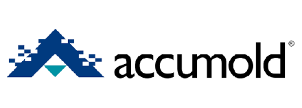 Navy-blue pixelated ‘A’ shape with a small teal triangle underneath, beside the lowercase black text ‘accumold.’