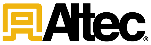 Gold geometric icon resembling an aerial lift next to the word ‘Altec’ in black sans-serif type on a transparent background.