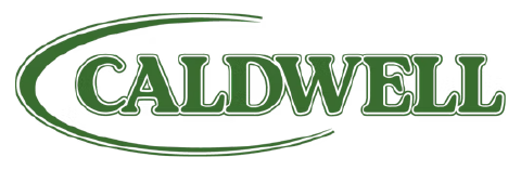 Dark-green uppercase serif text ‘CALDWELL’ outlined in white, with two curved green swoosh lines above and below on a transparent background.