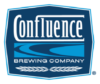 Dark-blue badge with ‘Confluence’ in white serif at top, a light-blue river graphic, ‘BREWING COMPANY’ in white below, and two wheat stalks along the bottom.