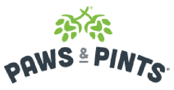 Green hop-cone cluster above curved dark-gray text ‘PAWS & PINTS’.