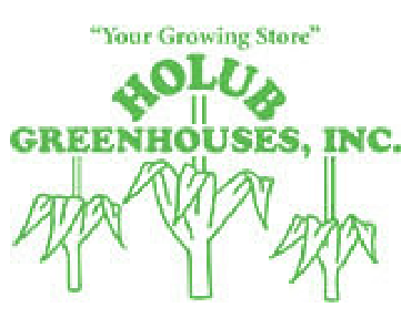 Your Growing Store’ in green text above ‘HOLUB’ and ‘GREENHOUSES, INC.’, with three stylized green plant icons beneath on a transparent background.